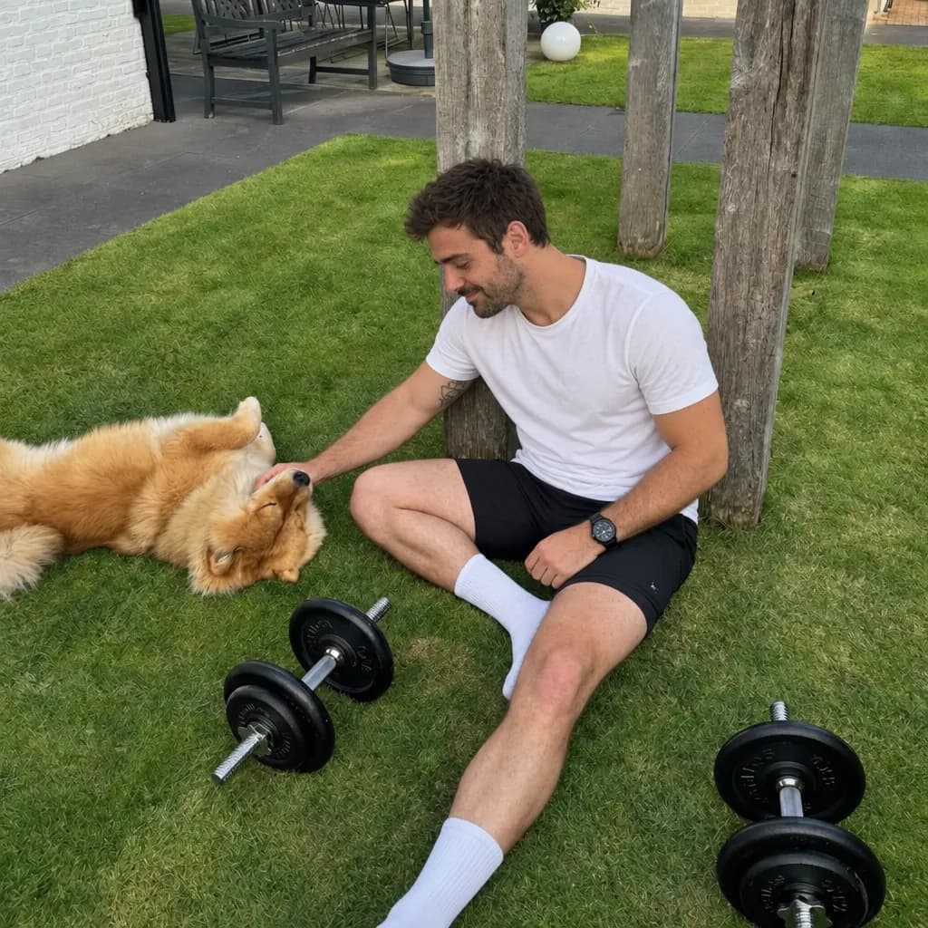 AI generated picture of Chris playing with a corgi in the park