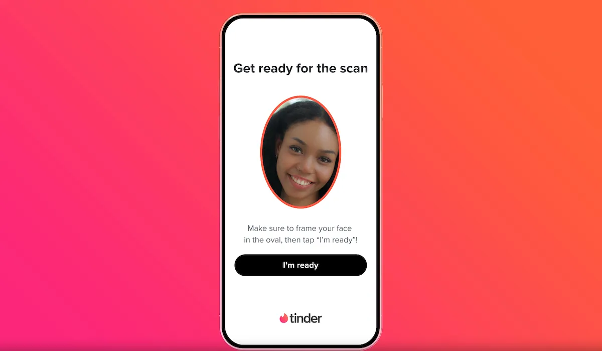 Tinder Face Check screen asking the user to frame their face in the oval and tap I'm ready