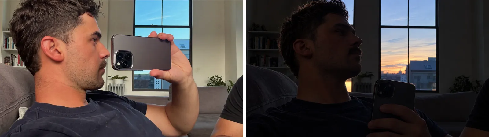 Good and bad Tinder verification setups: facing a bright window with the phone at eye level versus sitting backlit in a dim room